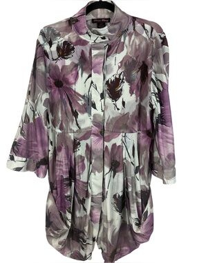 Elena Wang Pleated Floral Plissé Tunic Blouse Jacket Purple Watercolor Size XL